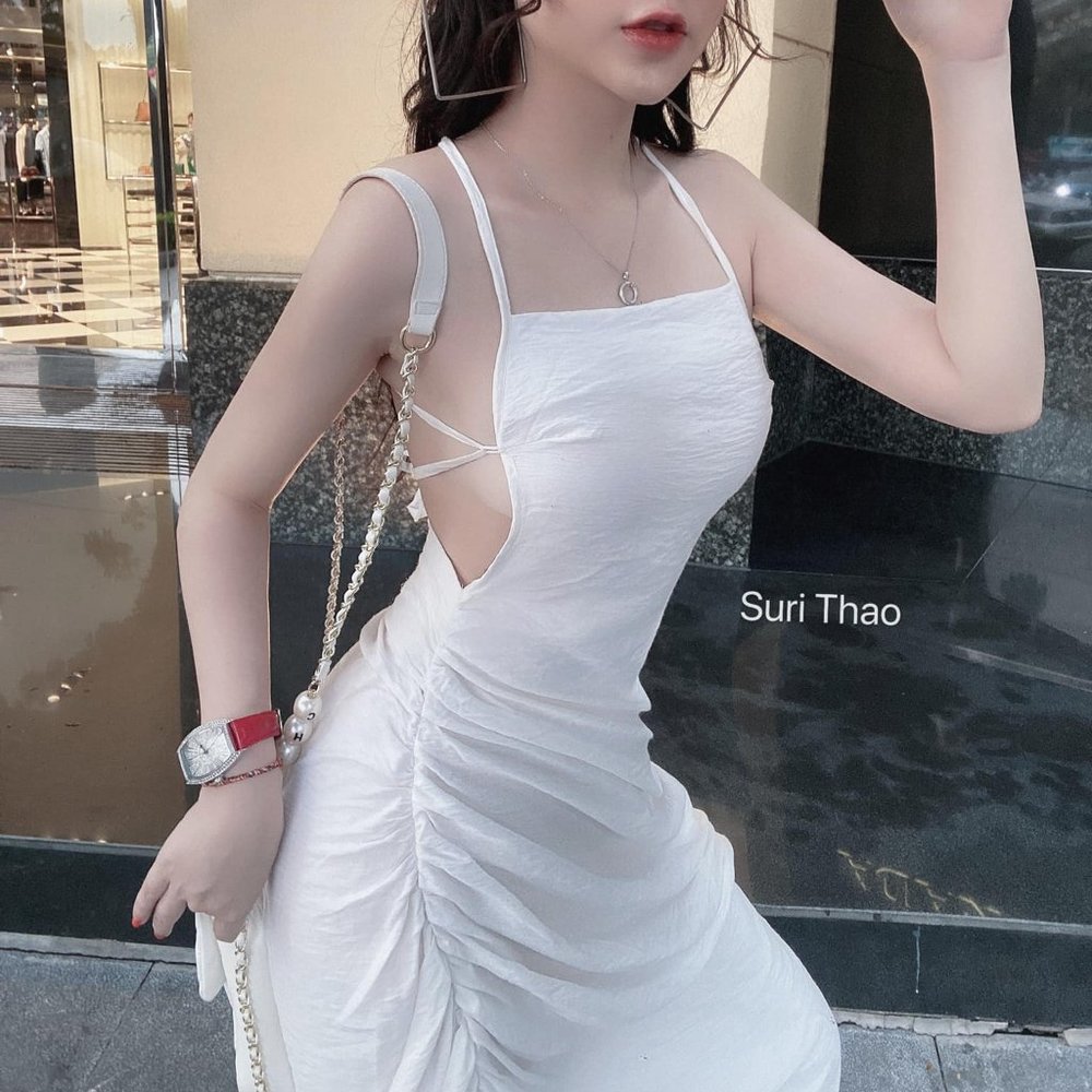 Draped backless asymmetrical midi white dress size Small